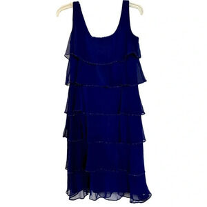 PATRA ROYAL BLUE SLEEVELESS RUFFLED LAYERED TIER BEADED DRESS SOPHISTICATED SZ 4